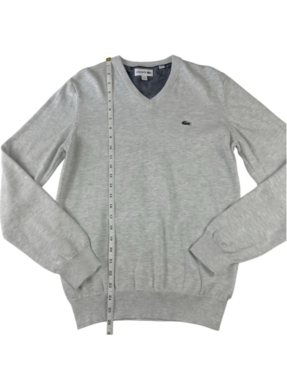 Lacoste Sweater Mens Small Gray Cotton Knit V-Neck Pullover Long Sleeve